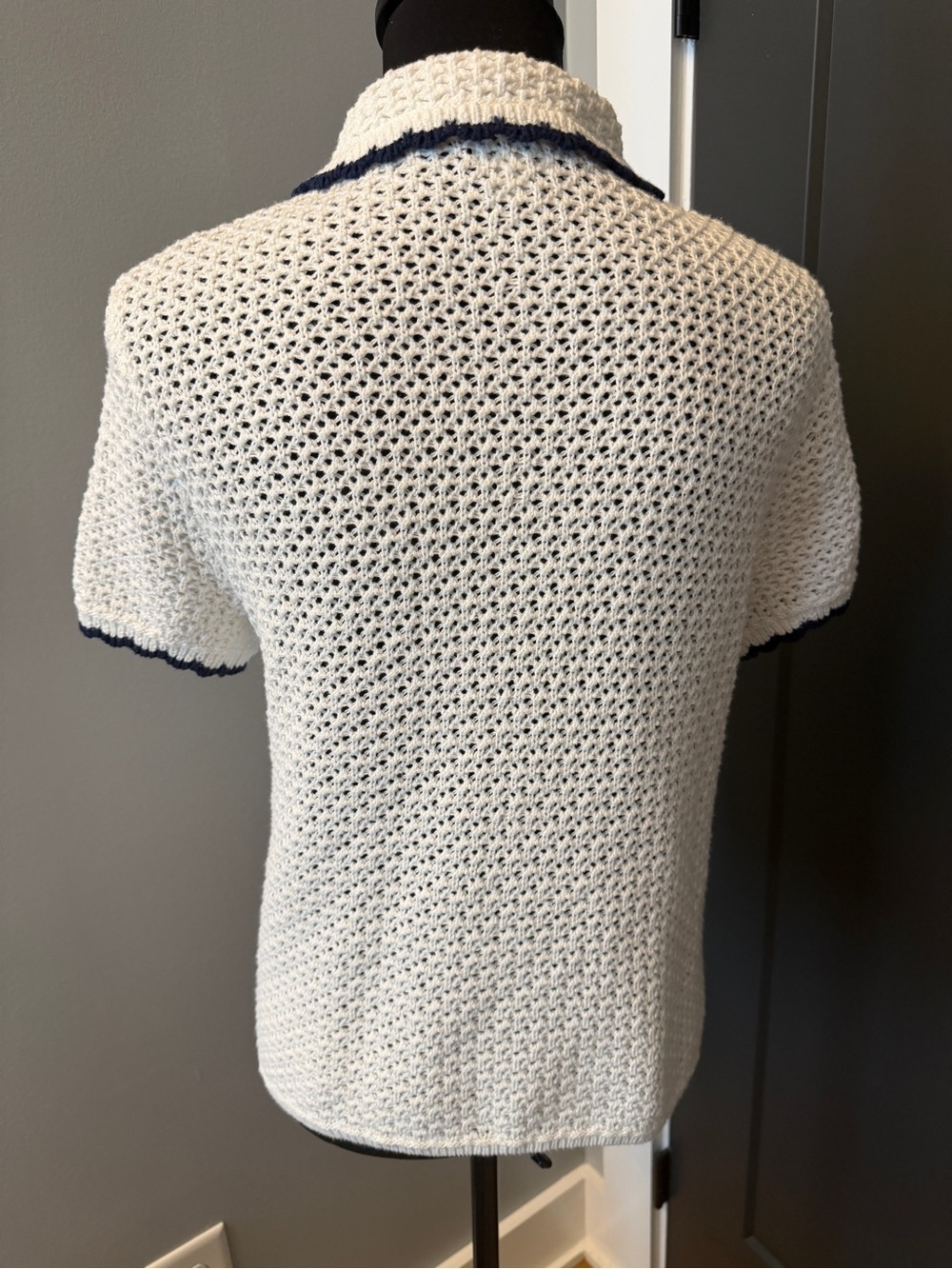 J. Crew Cream Short-Sleeve Knit Cardigan with Navy Trim and Gold Buttons - Picture 2 of 5